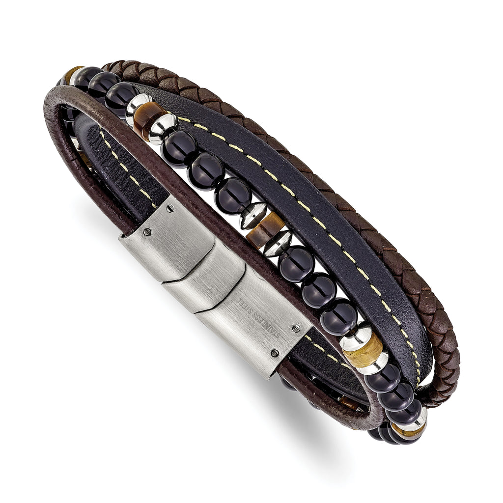 Men's Polished Brown Tiger's Eye Leather Stainless Steel Bracelet 6mm