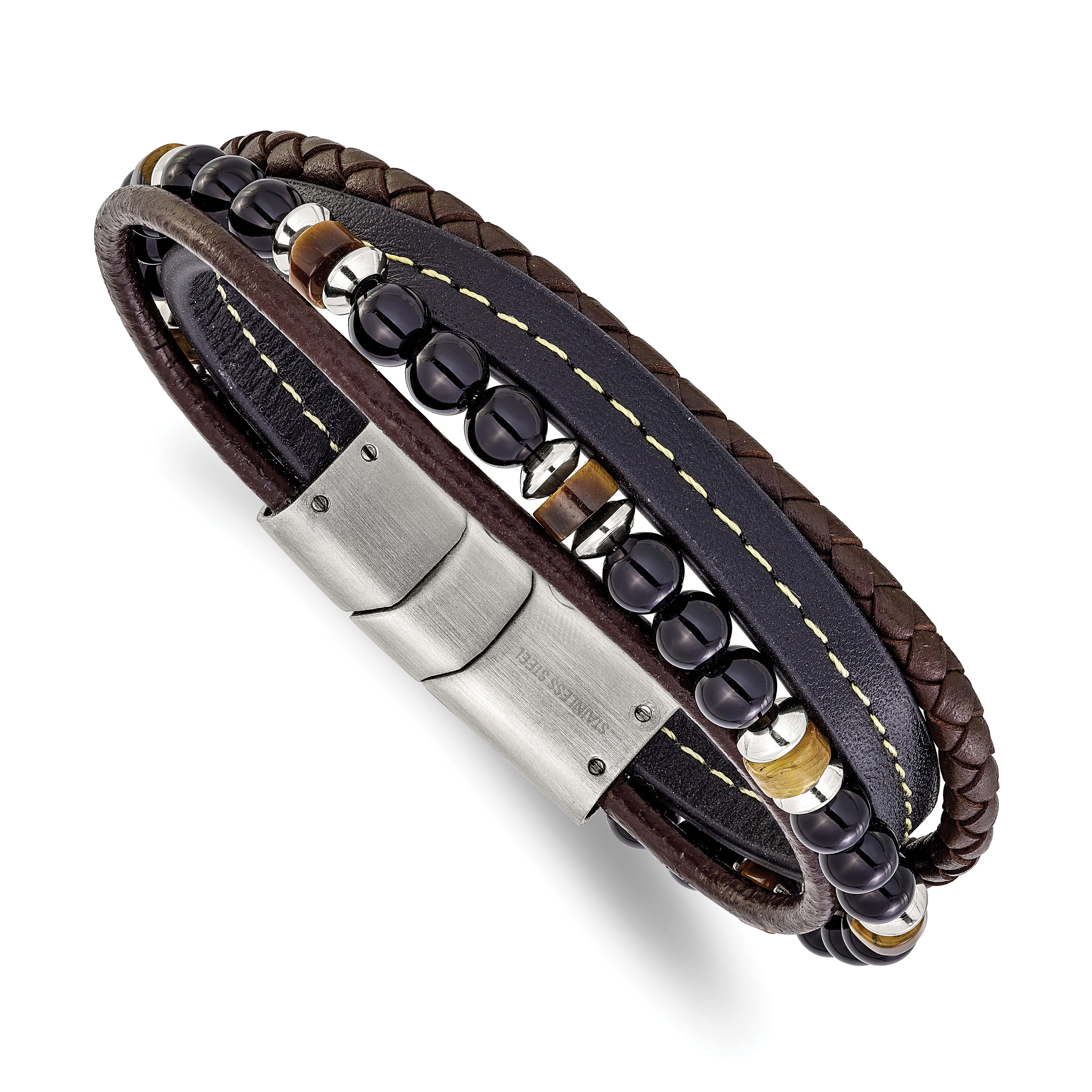 Men's Polished Brown Tiger's Eye Leather Stainless Steel Bracelet 6mm