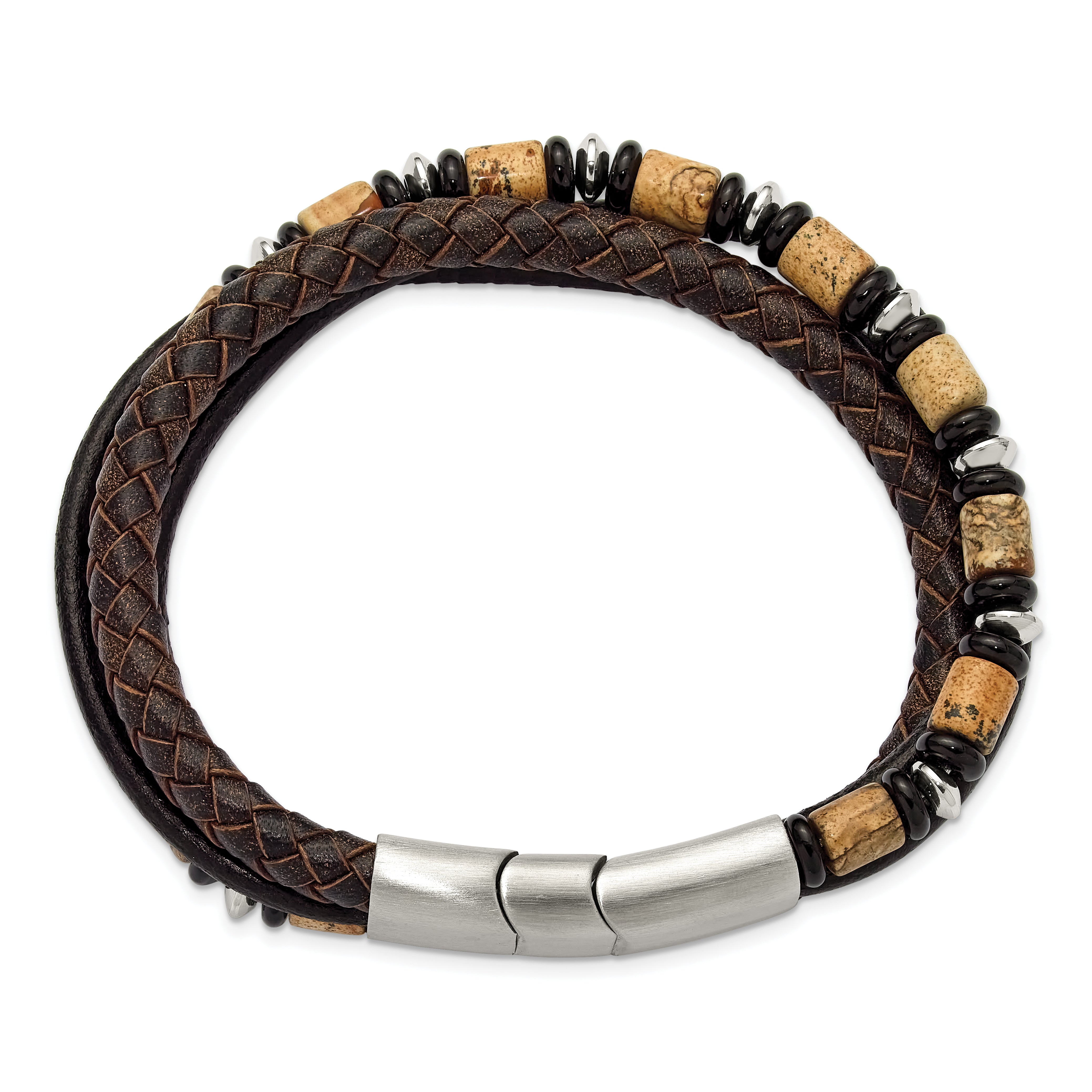 Men's Polished Black Onyx Leather Stainless Steel Bracelet 6.5mm Secondary image