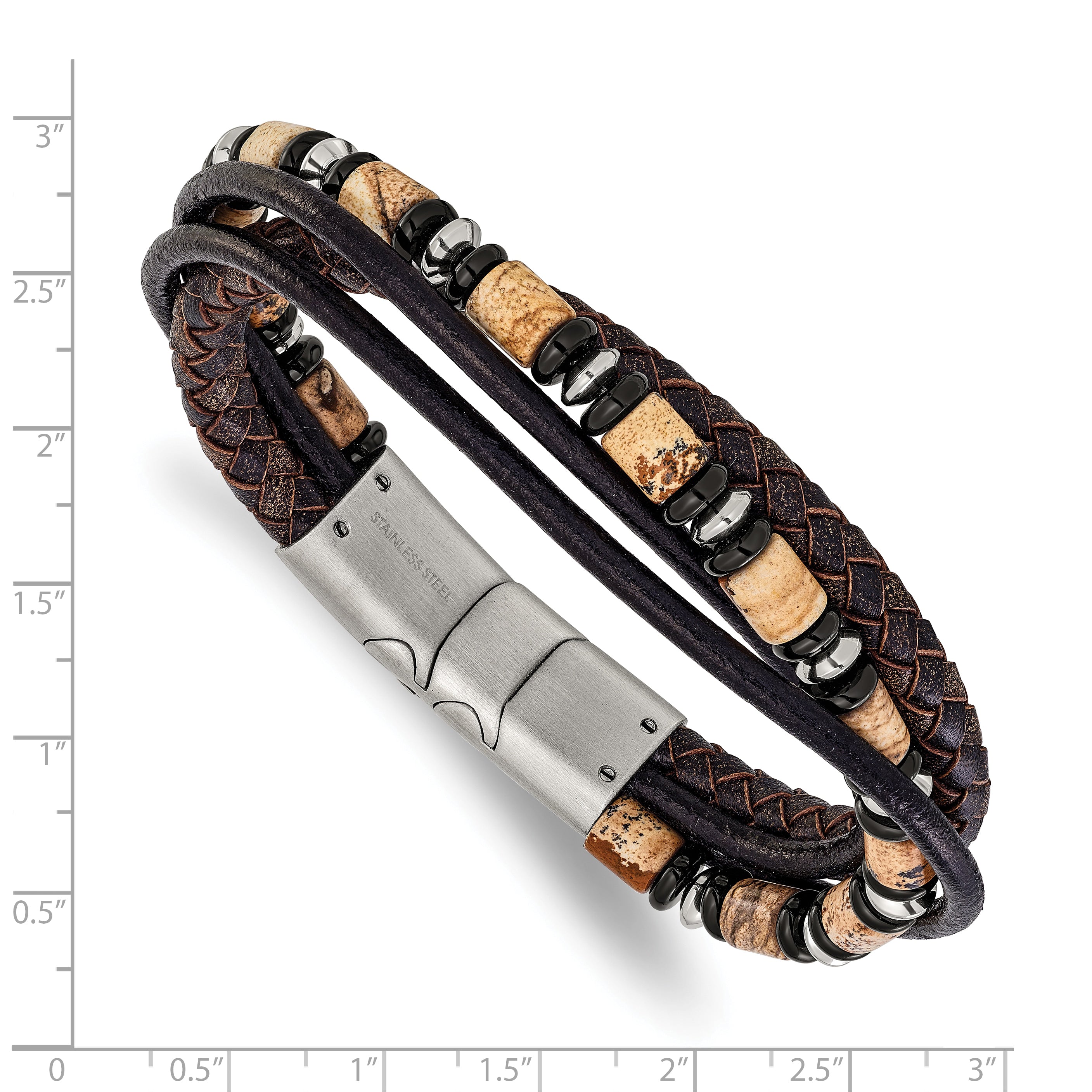 Men's Polished Black Onyx Leather Stainless Steel Bracelet 6.5mm