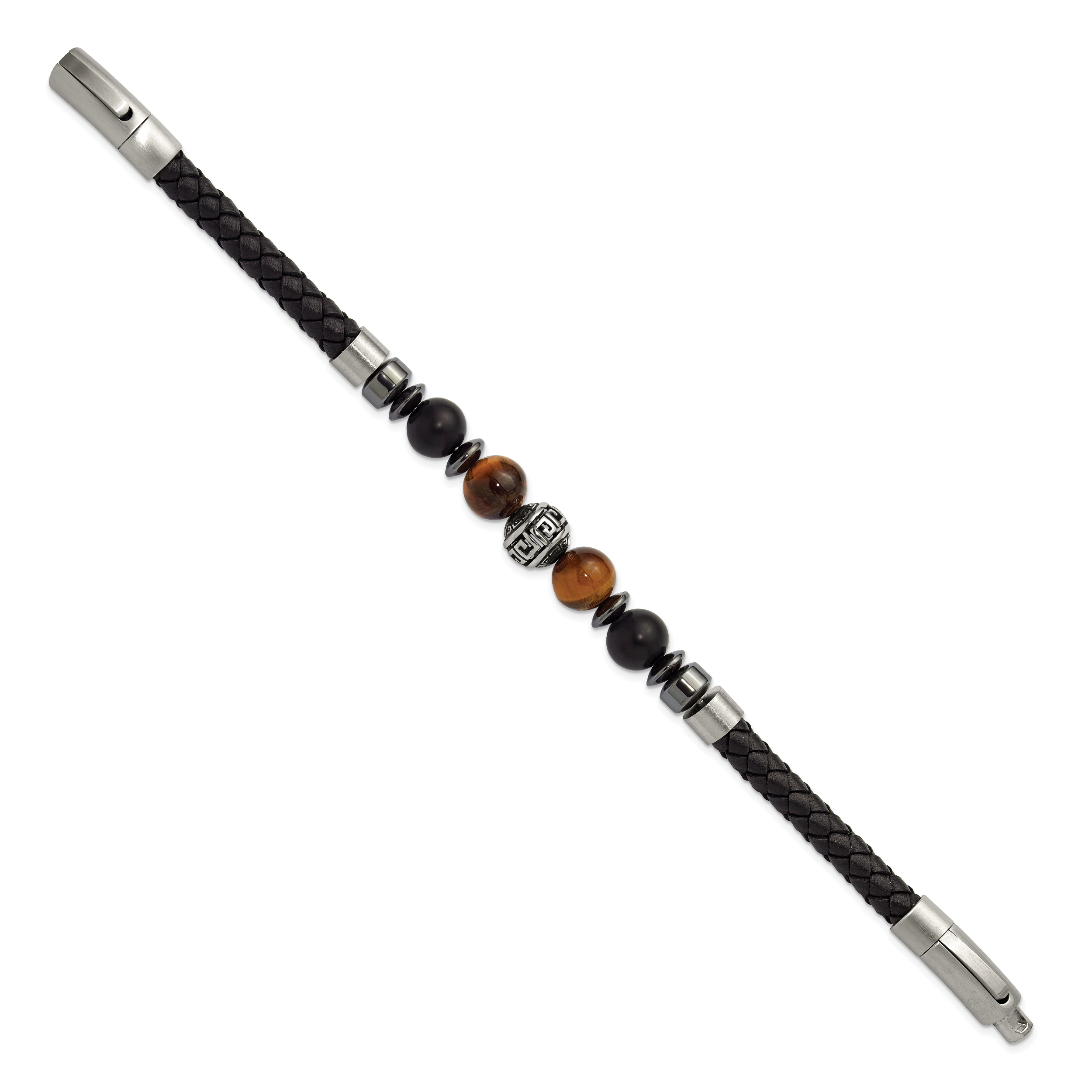 Men's Brushed and Polished Black Onyx Leather Stainless Steel Bracelet 6mm Secondary image