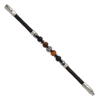 Men's Brushed and Polished Black Onyx Leather Stainless Steel Bracelet 6mm