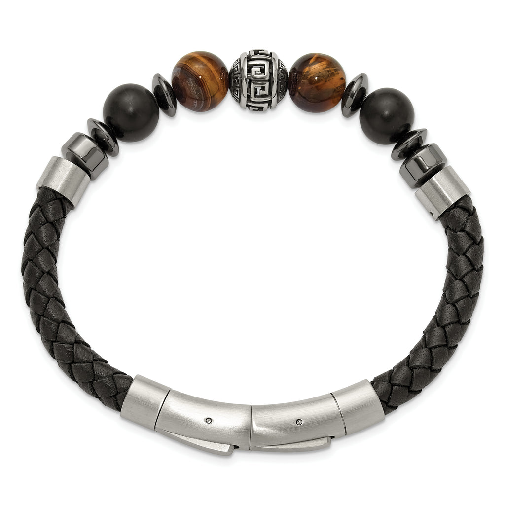 Men's Brushed and Polished Black Onyx Leather Stainless Steel Bracelet 6mm