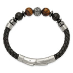Men's Brushed and Polished Black Onyx Leather Stainless Steel Bracelet 6mm