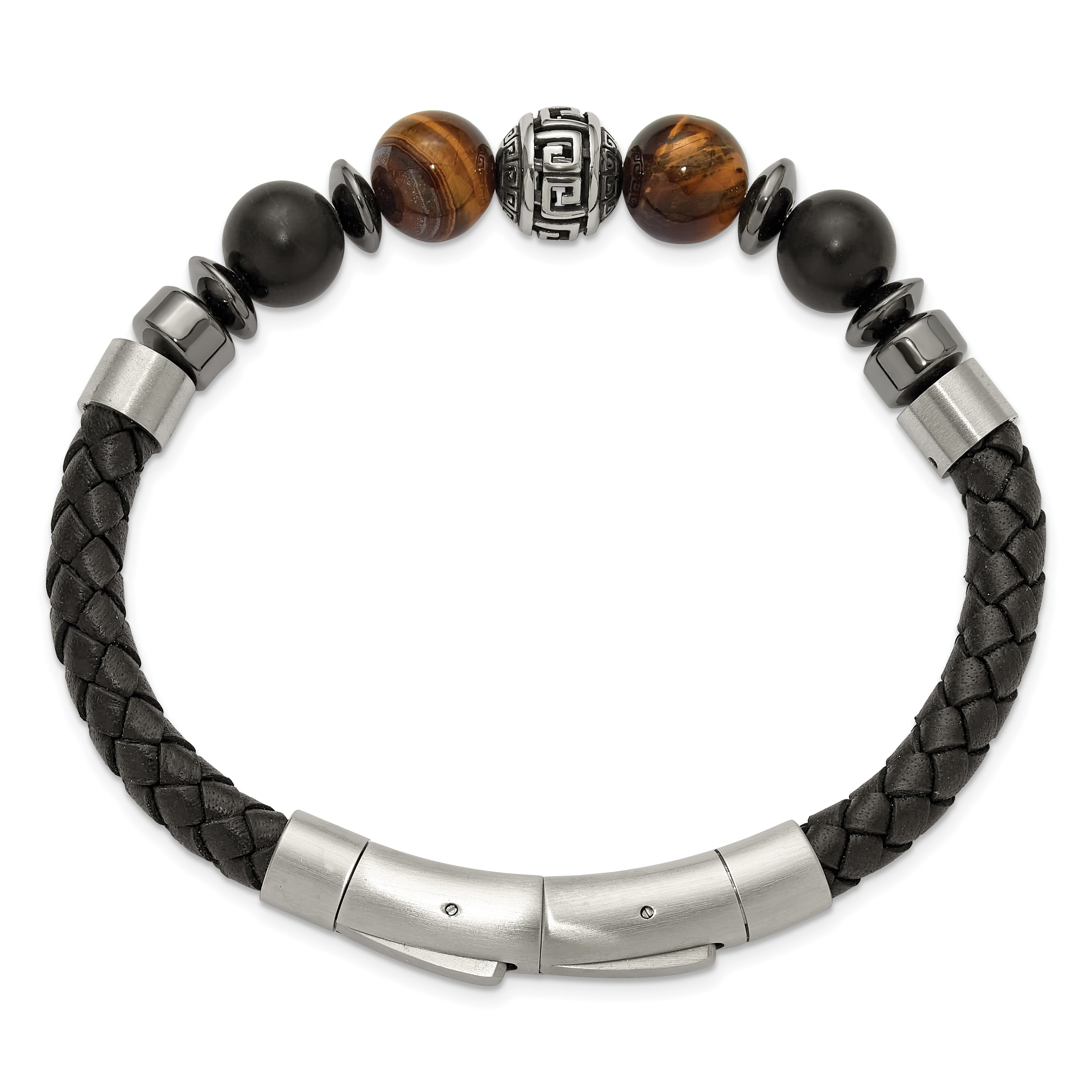 Men's Brushed and Polished Black Onyx Leather Stainless Steel Bracelet 6mm