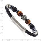 Men's Brushed and Polished Black Onyx Leather Stainless Steel Bracelet 6mm