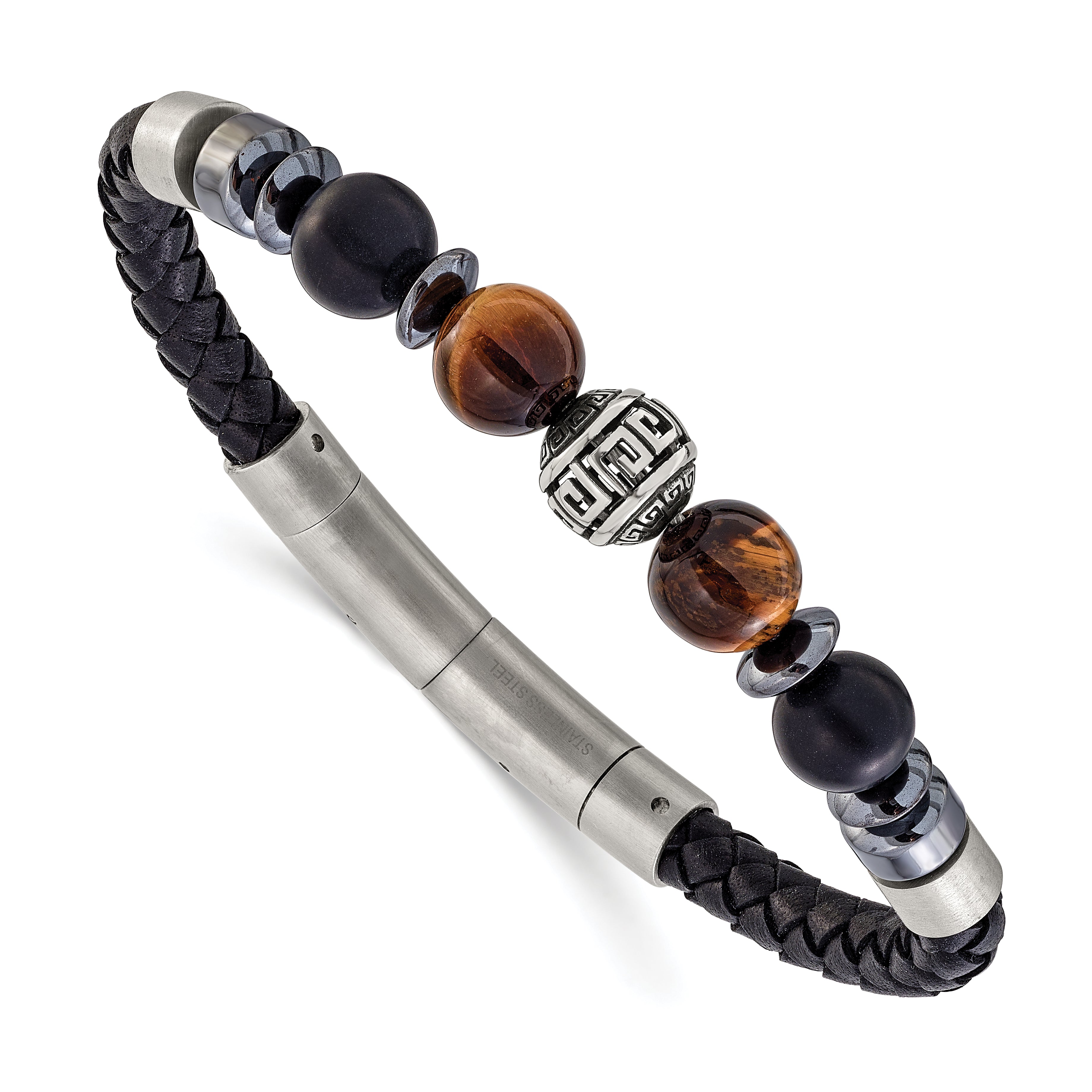 Men's Brushed and Polished Black Onyx Leather Stainless Steel Bracelet 6mm Main image
