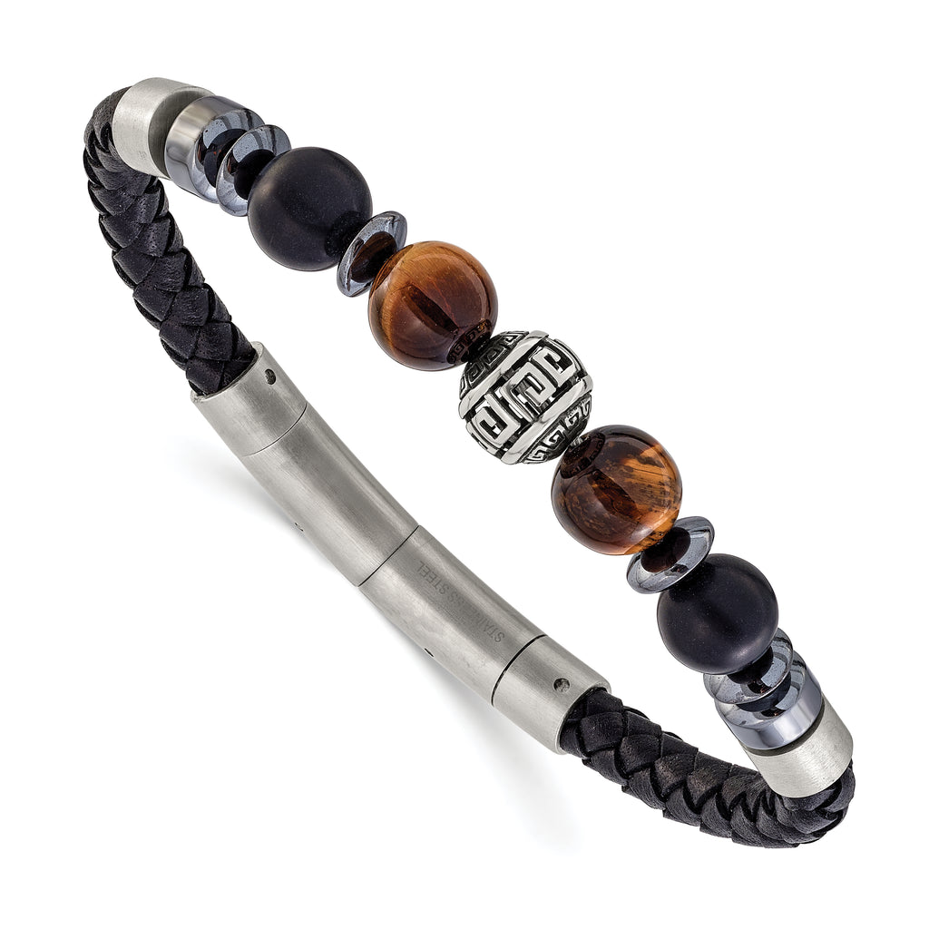 Men's Brushed and Polished Black Onyx Leather Stainless Steel Bracelet 6mm