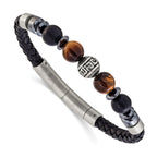 Men's Brushed and Polished Black Onyx Leather Stainless Steel Bracelet 6mm