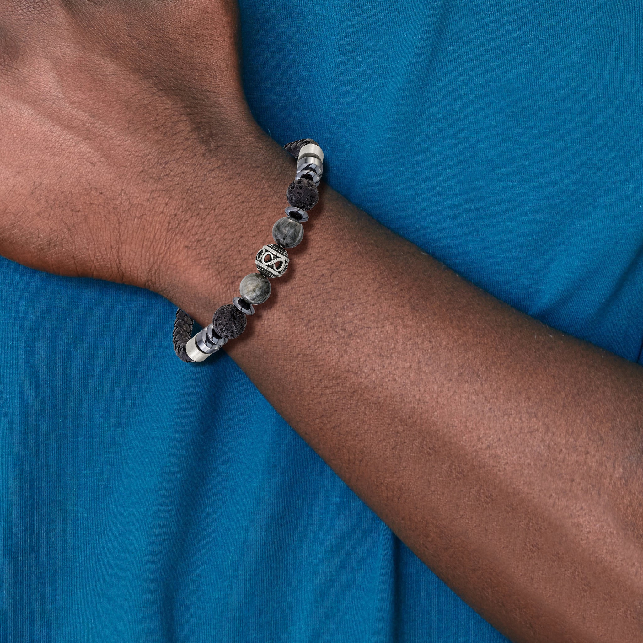 Men's Brushed Grey Hematite Leather Stainless Steel Bracelet 6mm