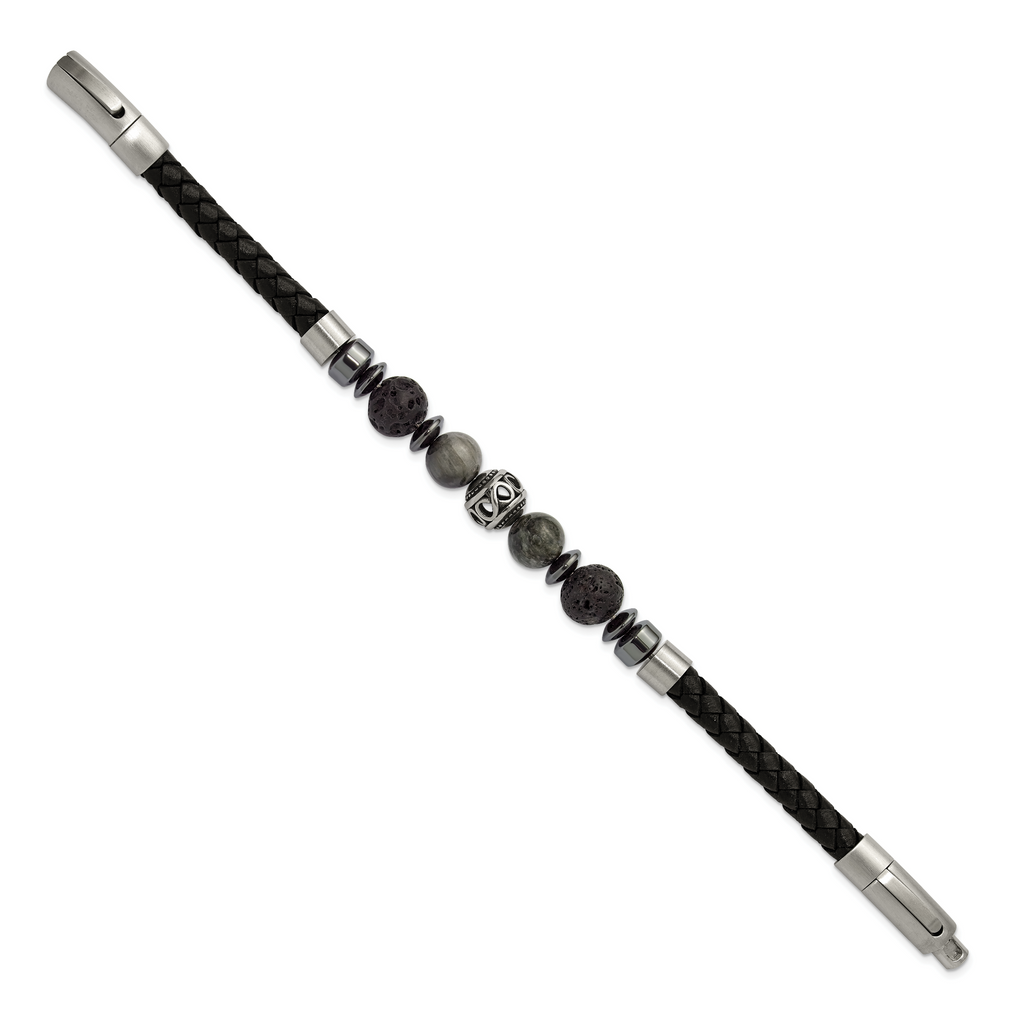 Men's Brushed Grey Hematite Leather Stainless Steel Bracelet 6mm