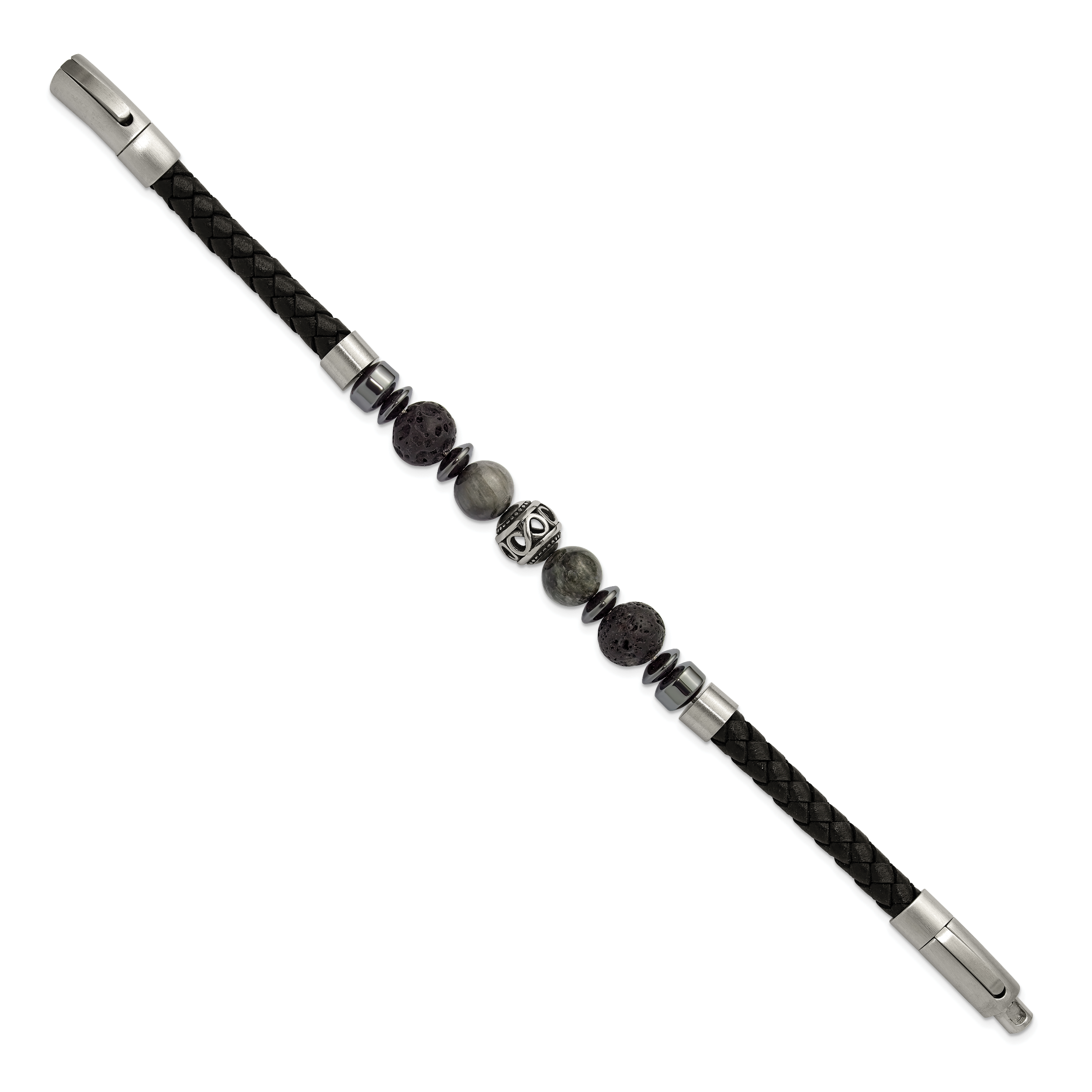 Men's Brushed Grey Hematite Leather Stainless Steel Bracelet 6mm