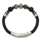 Men's Brushed Grey Hematite Leather Stainless Steel Bracelet 6mm