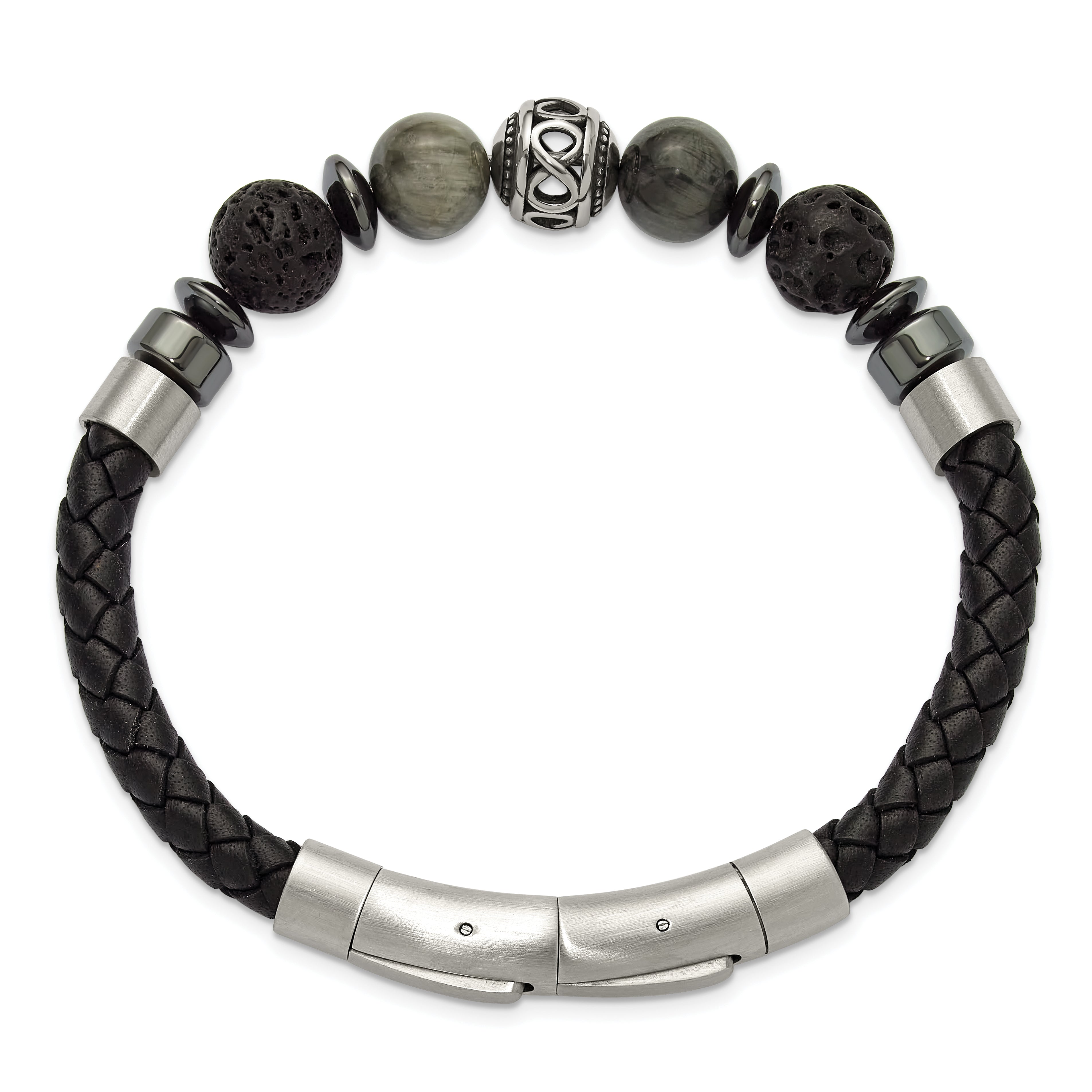 Men's Brushed Grey Hematite Leather Stainless Steel Bracelet 6mm