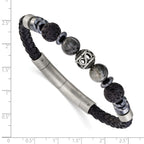 Men's Brushed Grey Hematite Leather Stainless Steel Bracelet 6mm