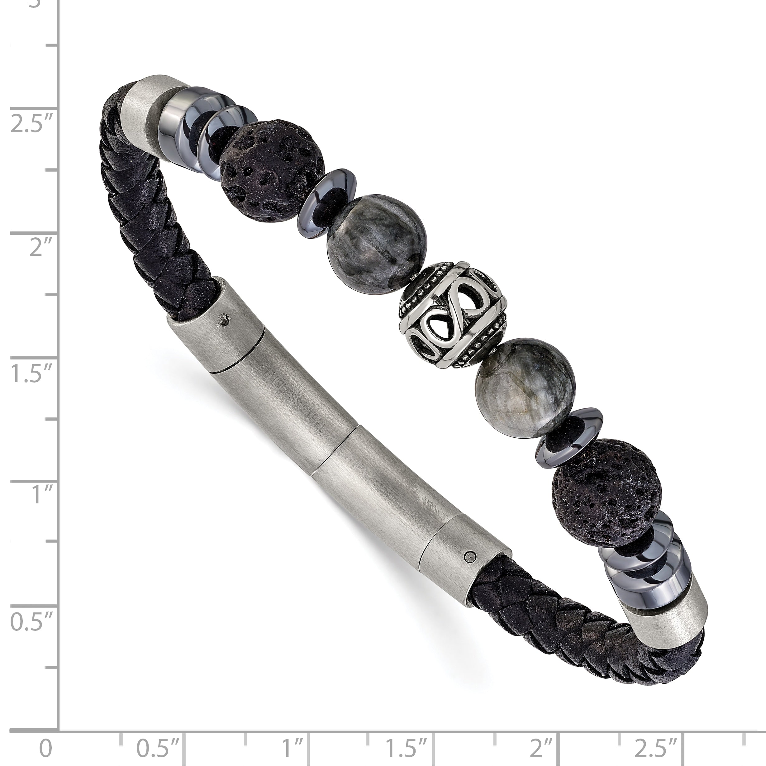 Men's Brushed Grey Hematite Leather Stainless Steel Bracelet 6mm