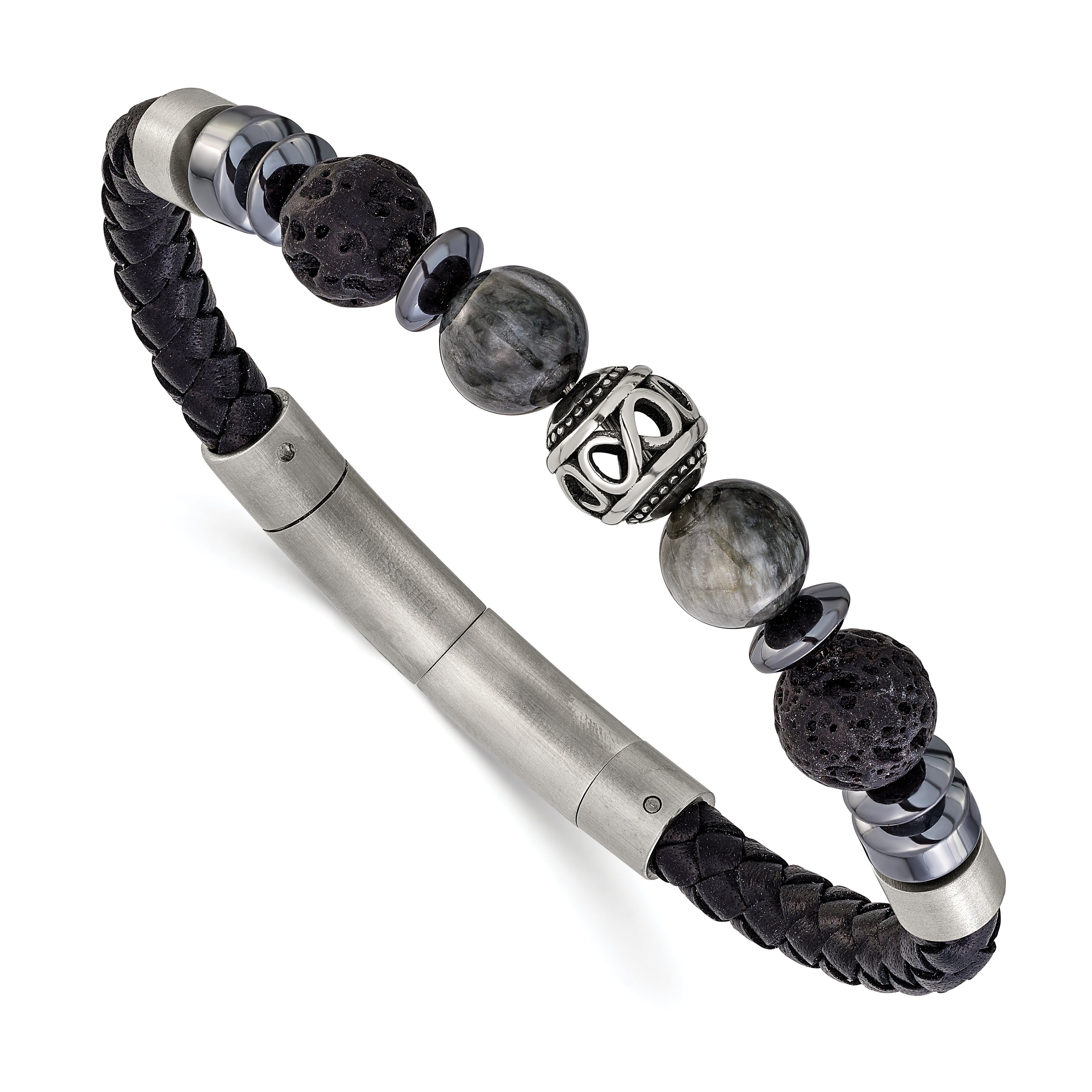 Men's Brushed Grey Hematite Leather Stainless Steel Bracelet 6mm Main image