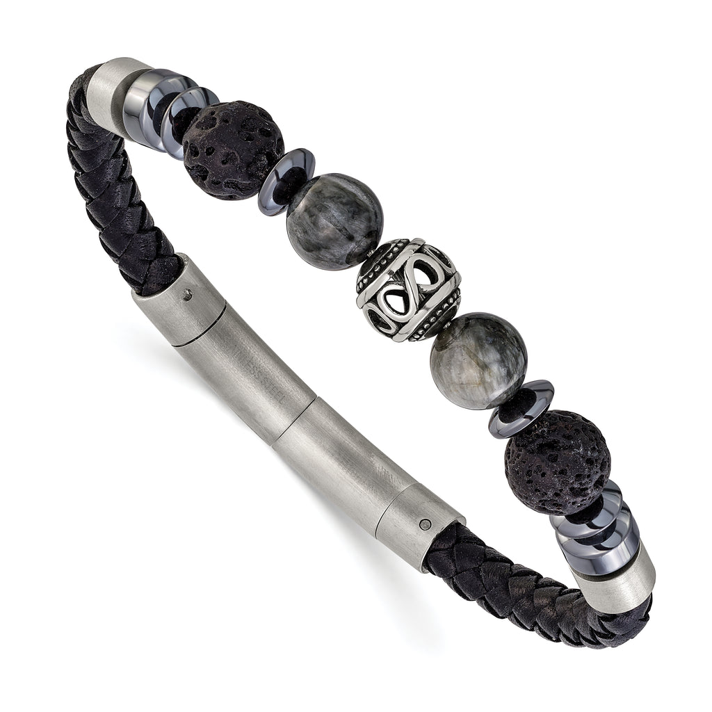 Men's Brushed Grey Hematite Leather Stainless Steel Bracelet 6mm