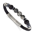 Men's Brushed Grey Hematite Leather Stainless Steel Bracelet 6mm