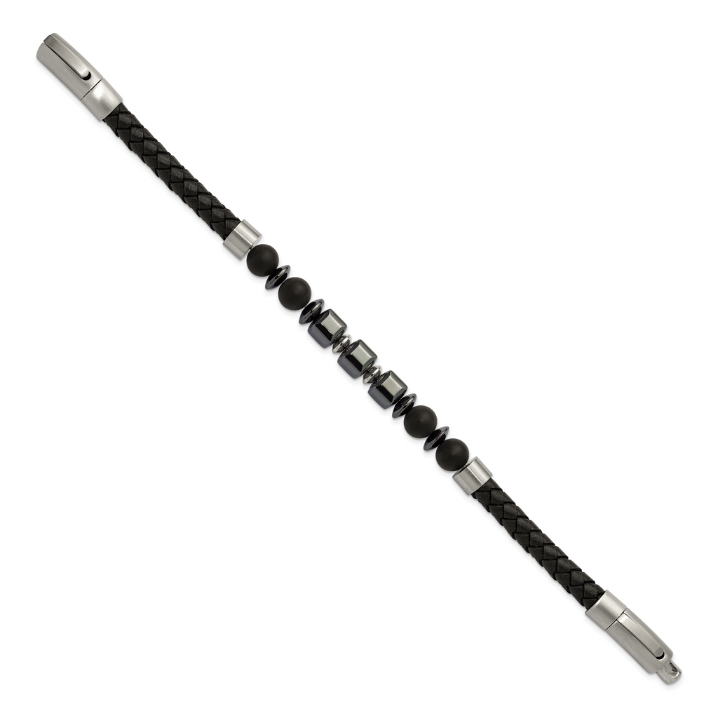 Men's Brushed Grey Hematite Leather Stainless Steel Bracelet 6mm 8in