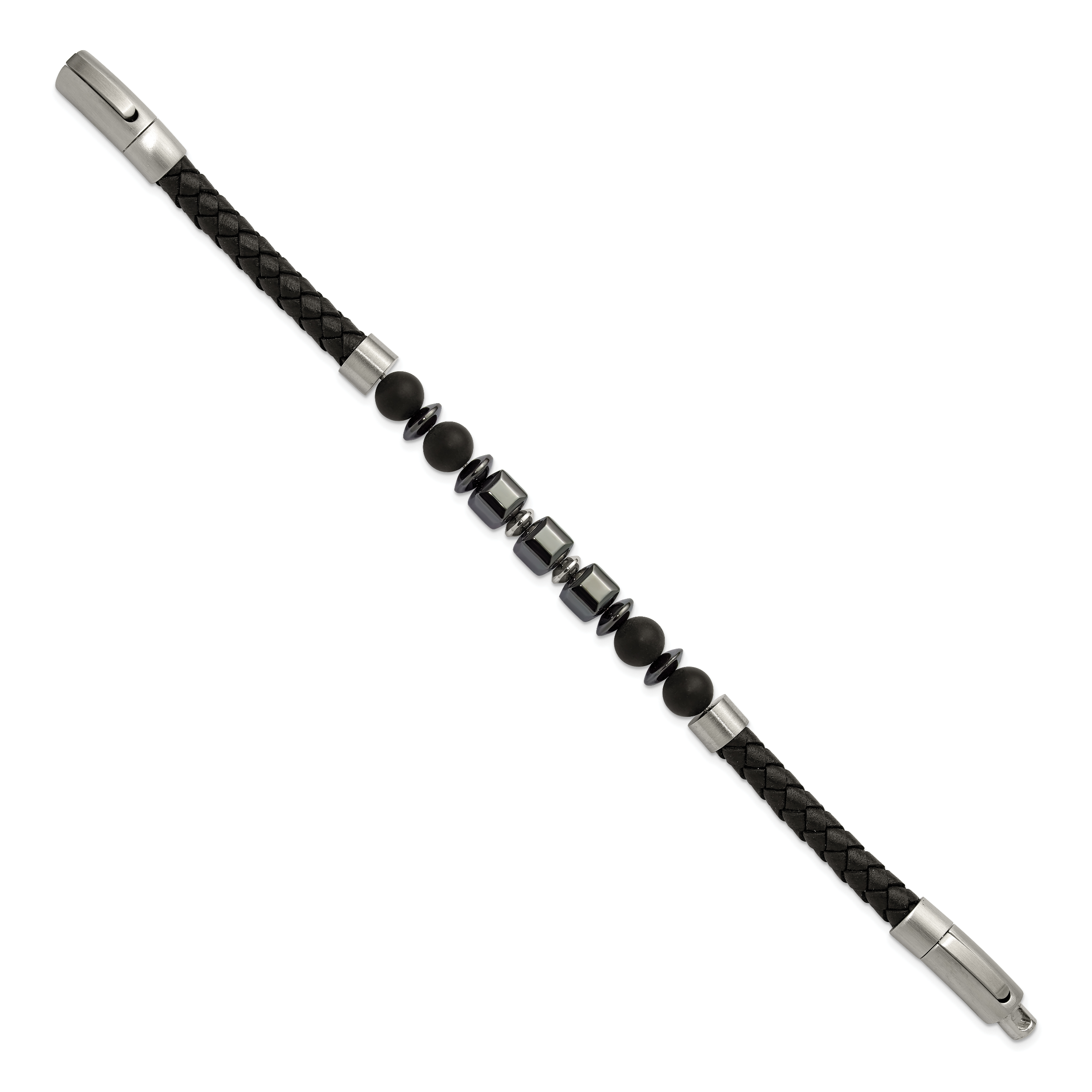 Men's Brushed Grey Hematite Leather Stainless Steel Bracelet 6mm 8in