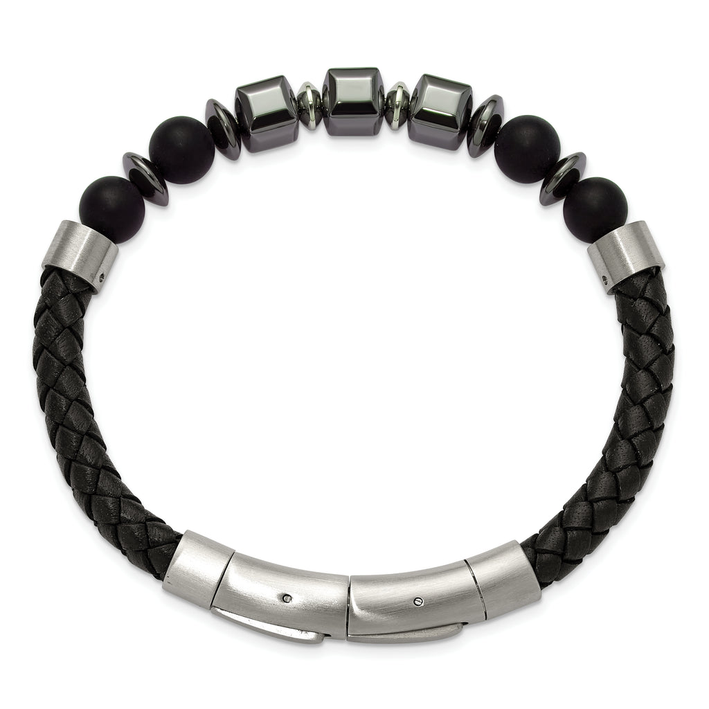 Men's Brushed Grey Hematite Leather Stainless Steel Bracelet 6mm 8in