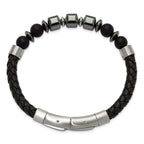 Men's Brushed Grey Hematite Leather Stainless Steel Bracelet 6mm 8in