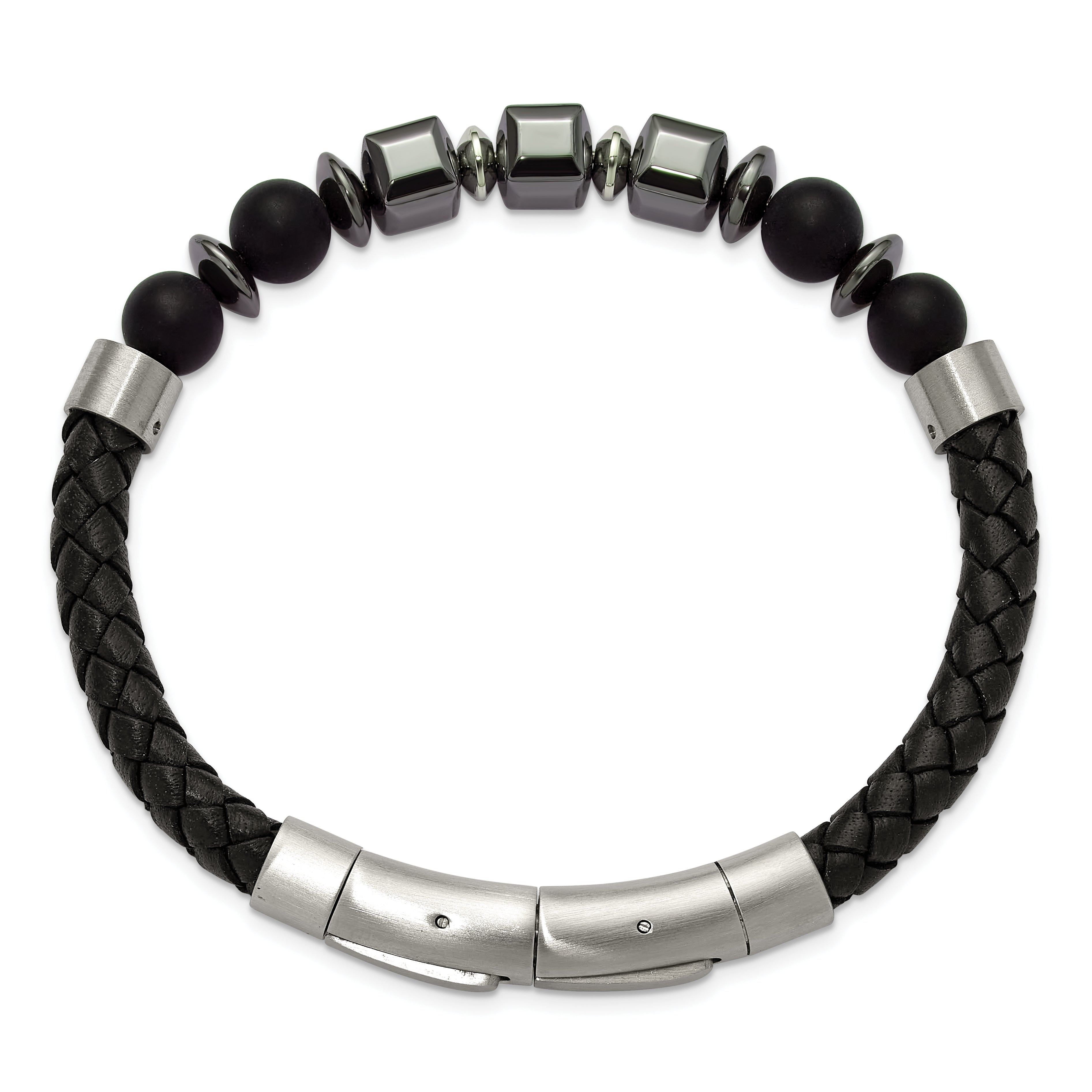 Men's Brushed Grey Hematite Leather Stainless Steel Bracelet 6mm 8in