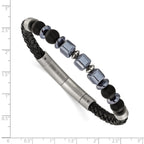 Men's Brushed Grey Hematite Leather Stainless Steel Bracelet 6mm 8in