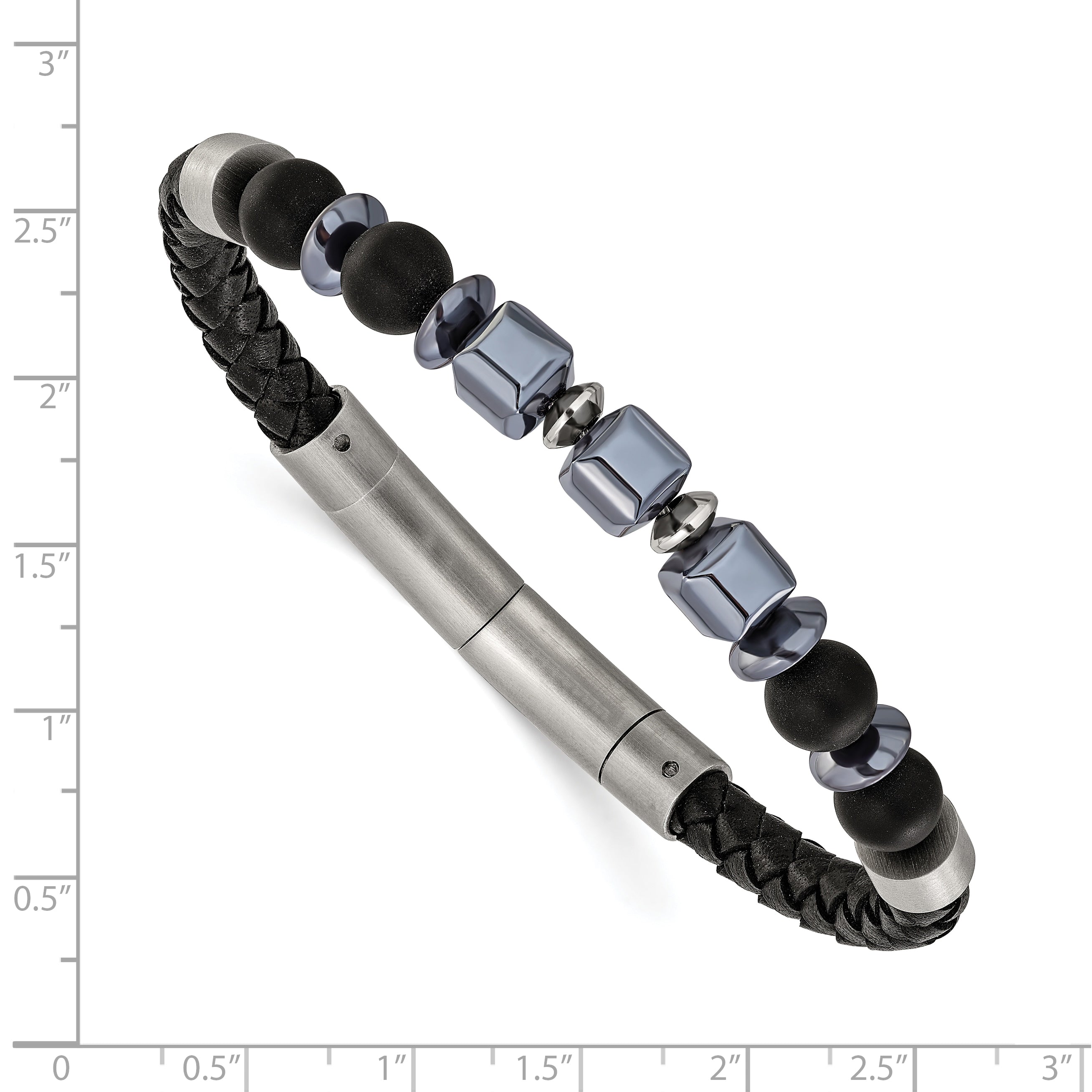 Men's Brushed Grey Hematite Leather Stainless Steel Bracelet 6mm 8in