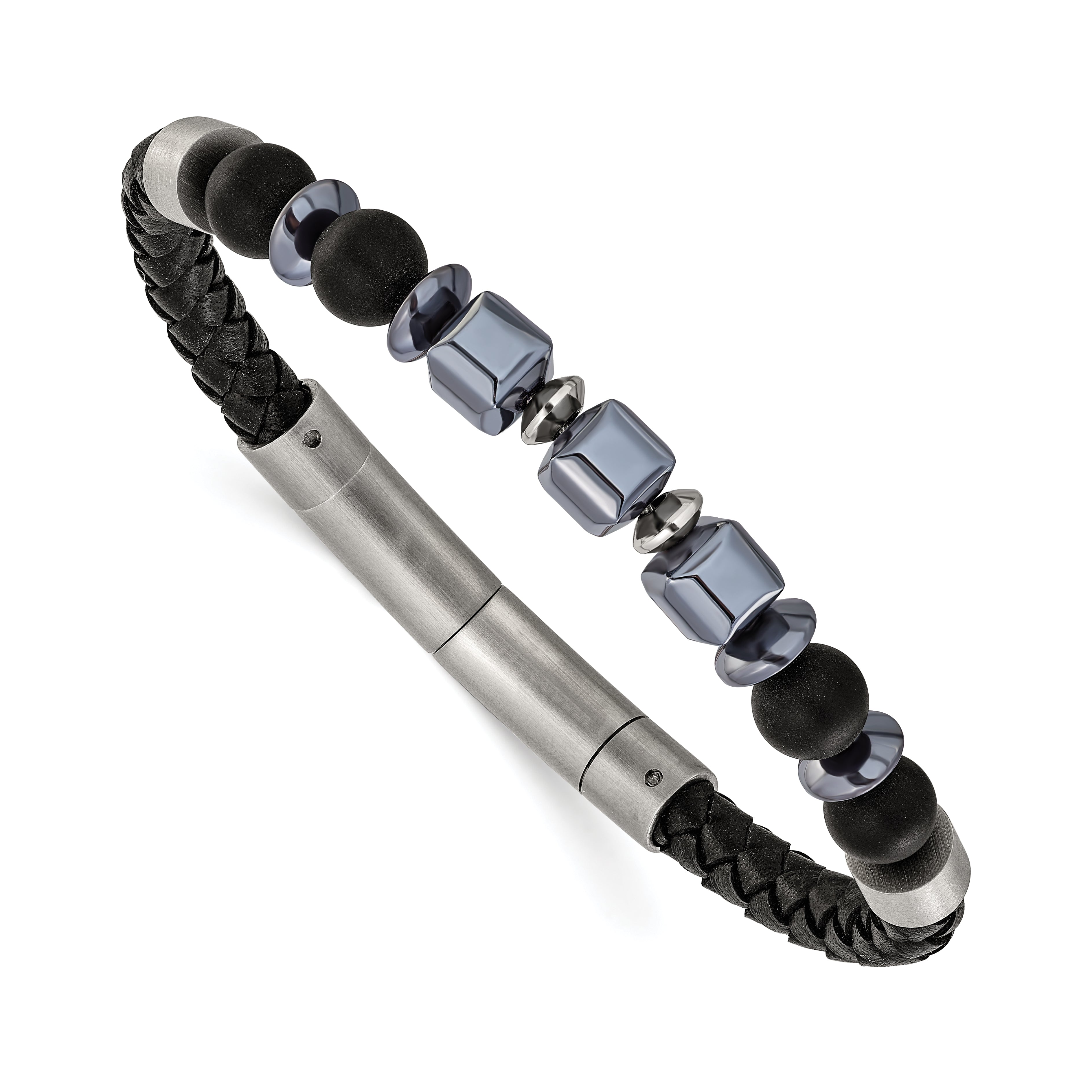 Men's Brushed Grey Hematite Leather Stainless Steel Bracelet 6mm 8in Main image