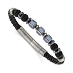 Men's Brushed Grey Hematite Leather Stainless Steel Bracelet 6mm 8in