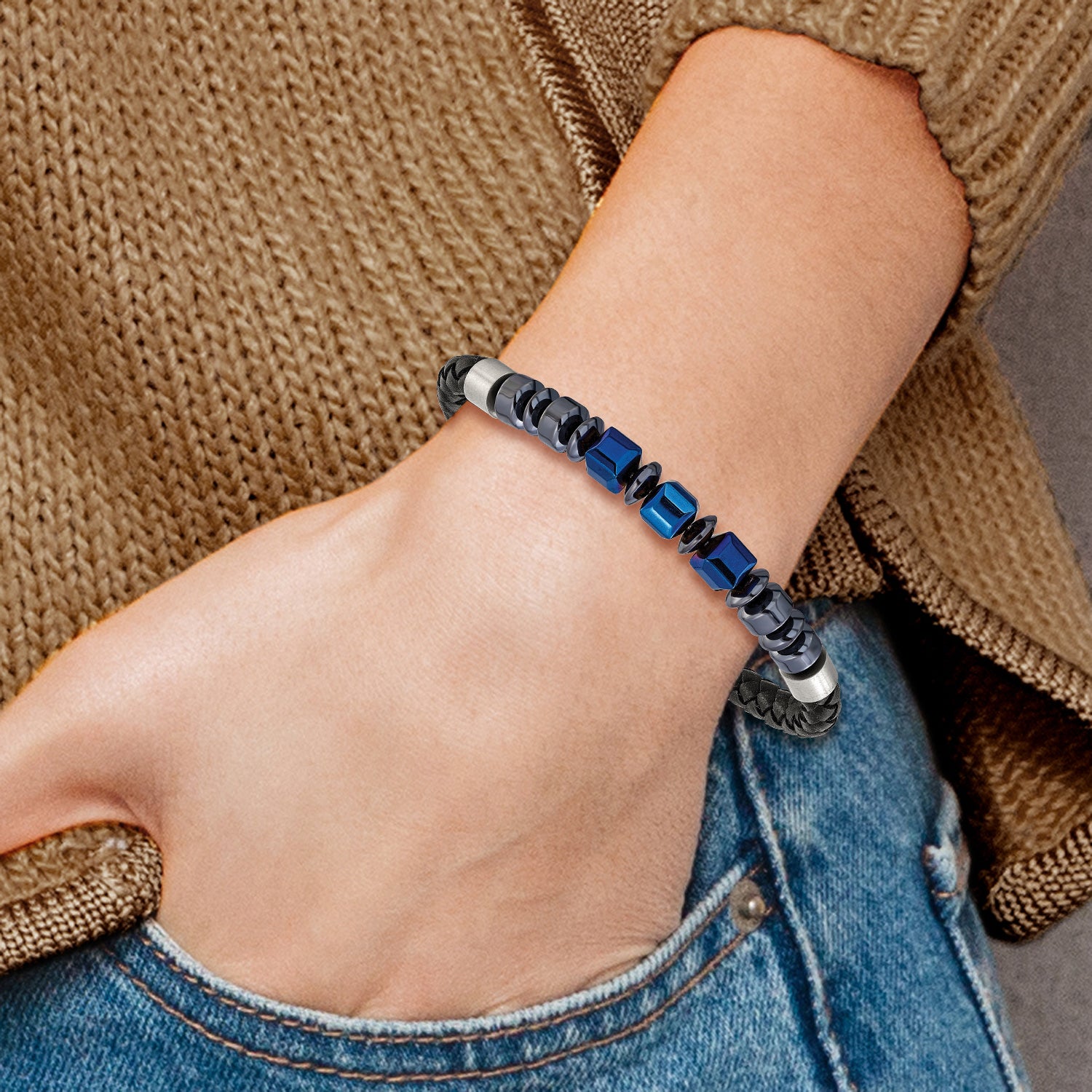 Men's Black Ion-Plated Polished Grey Hematite Leather Stainless Steel Bracelet 6mm