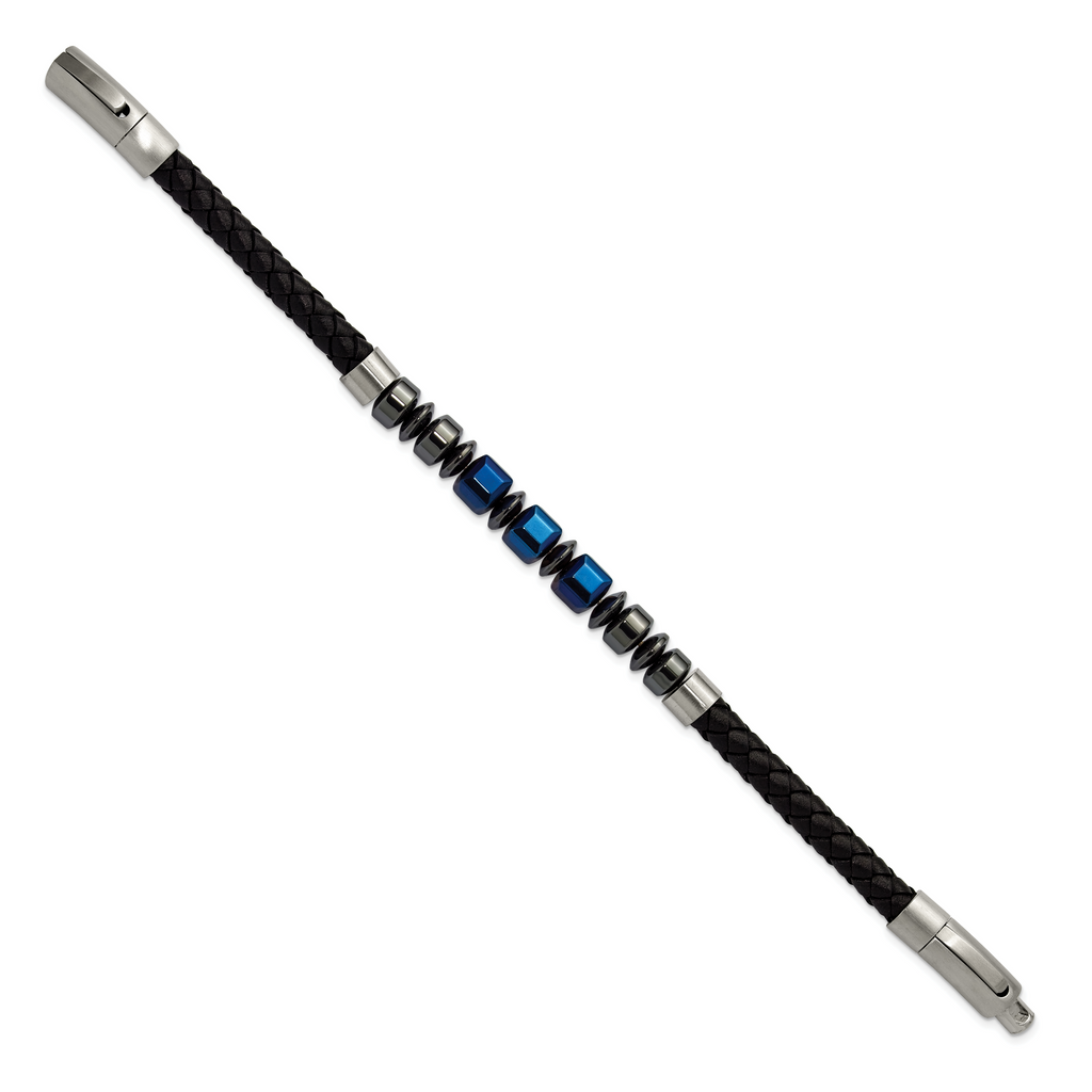 Men's Black Ion-Plated Polished Grey Hematite Leather Stainless Steel Bracelet 6mm