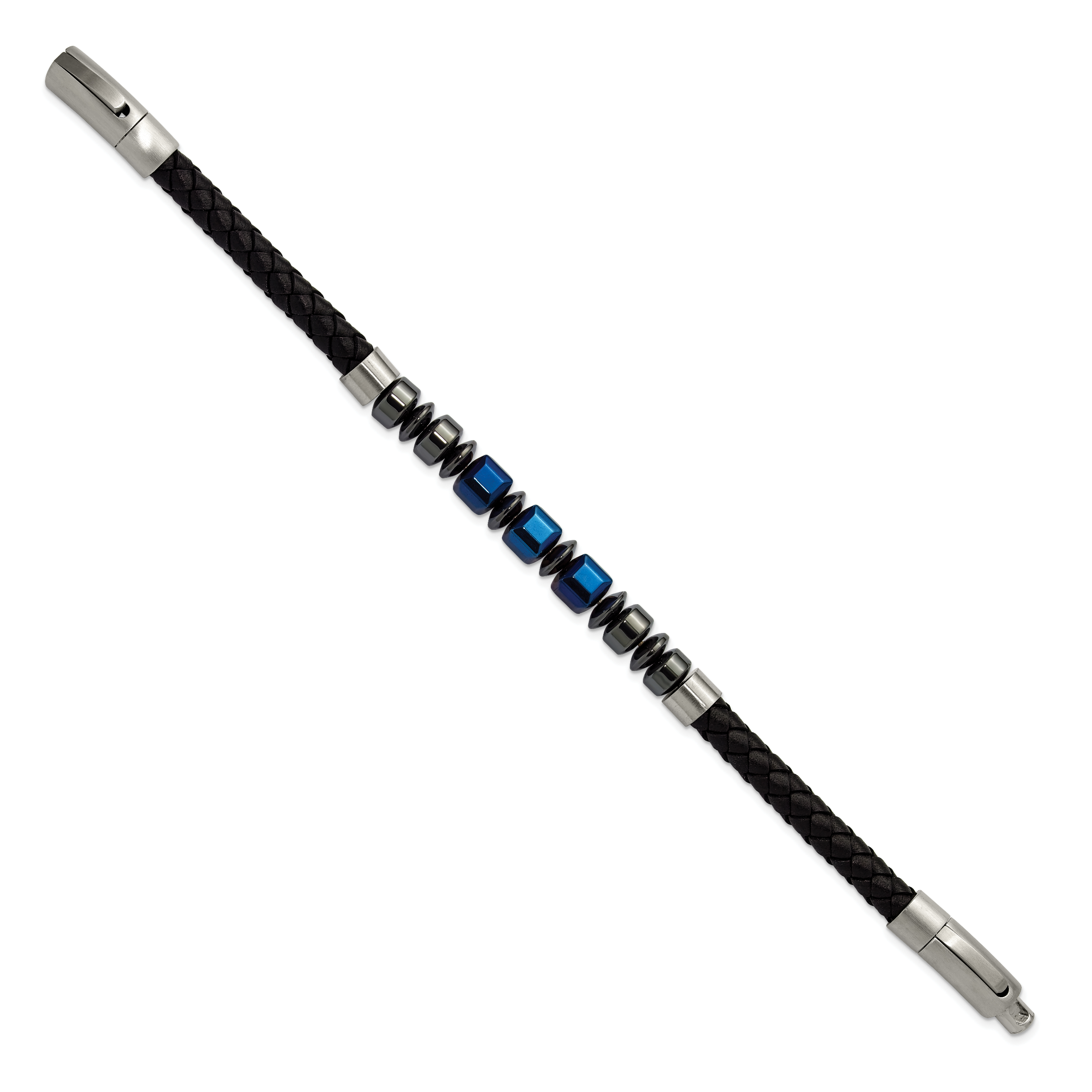 Men's Black Ion-Plated Polished Grey Hematite Leather Stainless Steel Bracelet 6mm