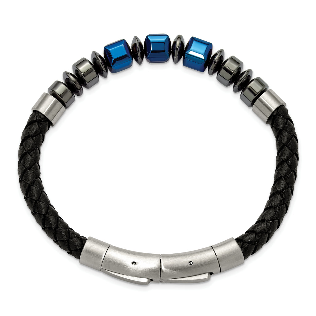 Men's Black Ion-Plated Polished Grey Hematite Leather Stainless Steel Bracelet 6mm