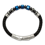 Men's Black Ion-Plated Polished Grey Hematite Leather Stainless Steel Bracelet 6mm