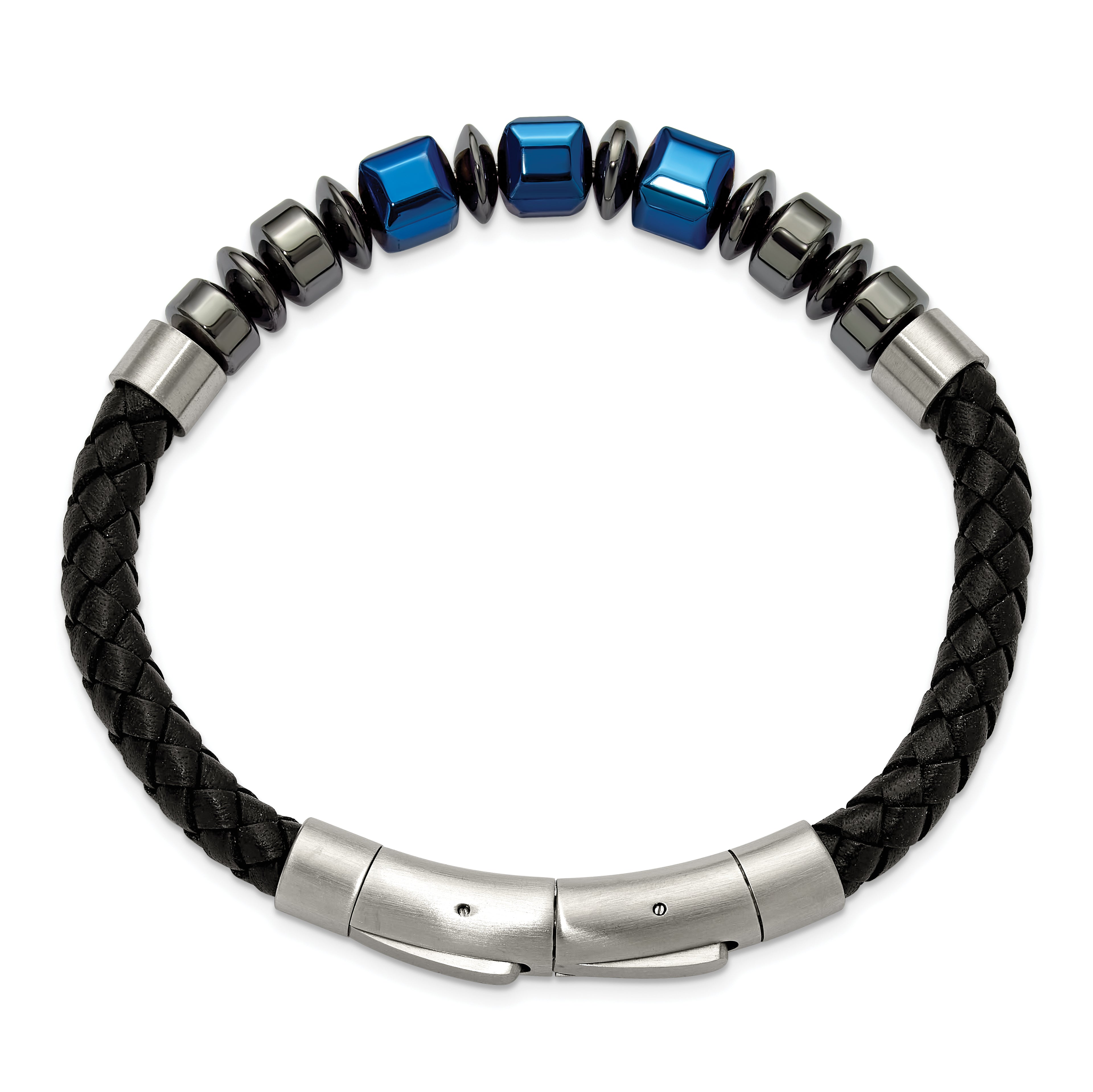 Men's Black Ion-Plated Polished Grey Hematite Leather Stainless Steel Bracelet 6mm