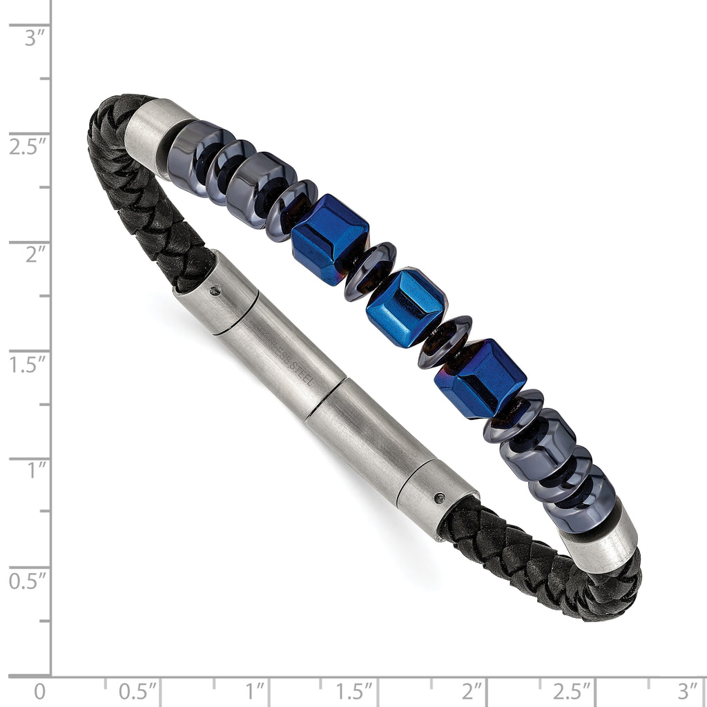 Men's Black Ion-Plated Polished Grey Hematite Leather Stainless Steel Bracelet 6mm