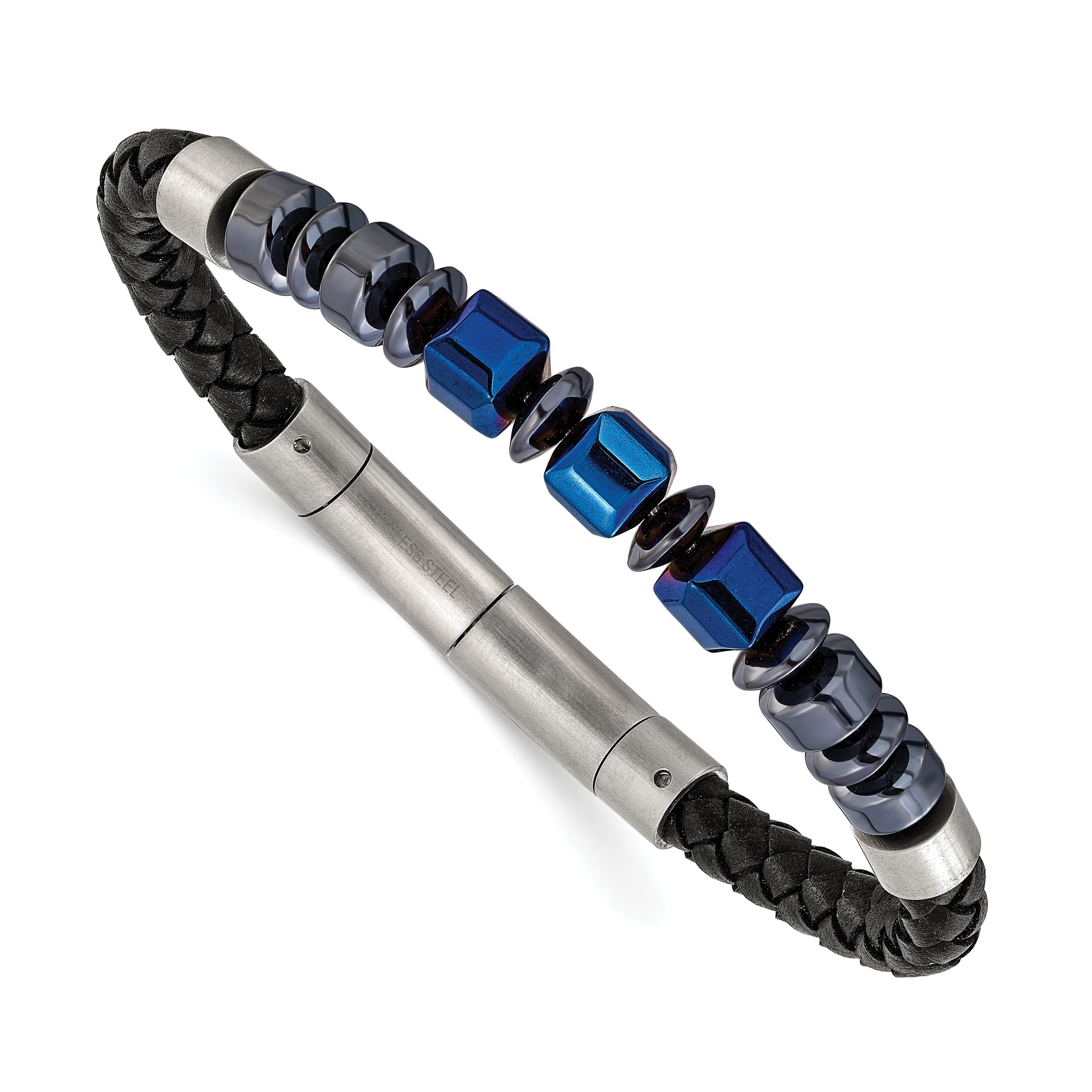 Men's Black Ion-Plated Polished Grey Hematite Leather Stainless Steel Bracelet 6mm Main image