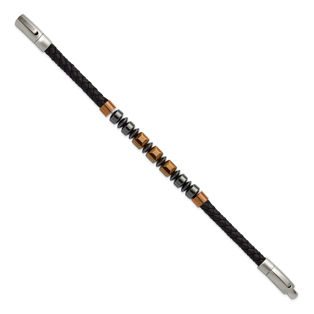Men's Black Ion-Plated Polished Leather Stainless Steel Bracelet 6mm