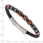 Men's Black Ion-Plated Polished Leather Stainless Steel Bracelet 6mm