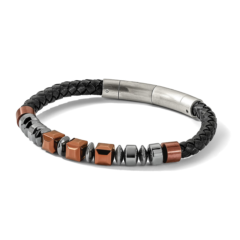 Men's Black Ion-Plated Polished Leather Stainless Steel Bracelet 6mm