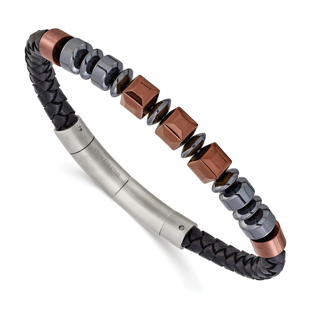 Men's Black Ion-Plated Polished Leather Stainless Steel Bracelet 6mm