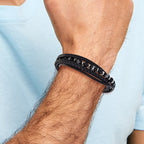 Men's Brushed and Polished Grey Hematite Leather Stainless Steel Bracelet 6mm