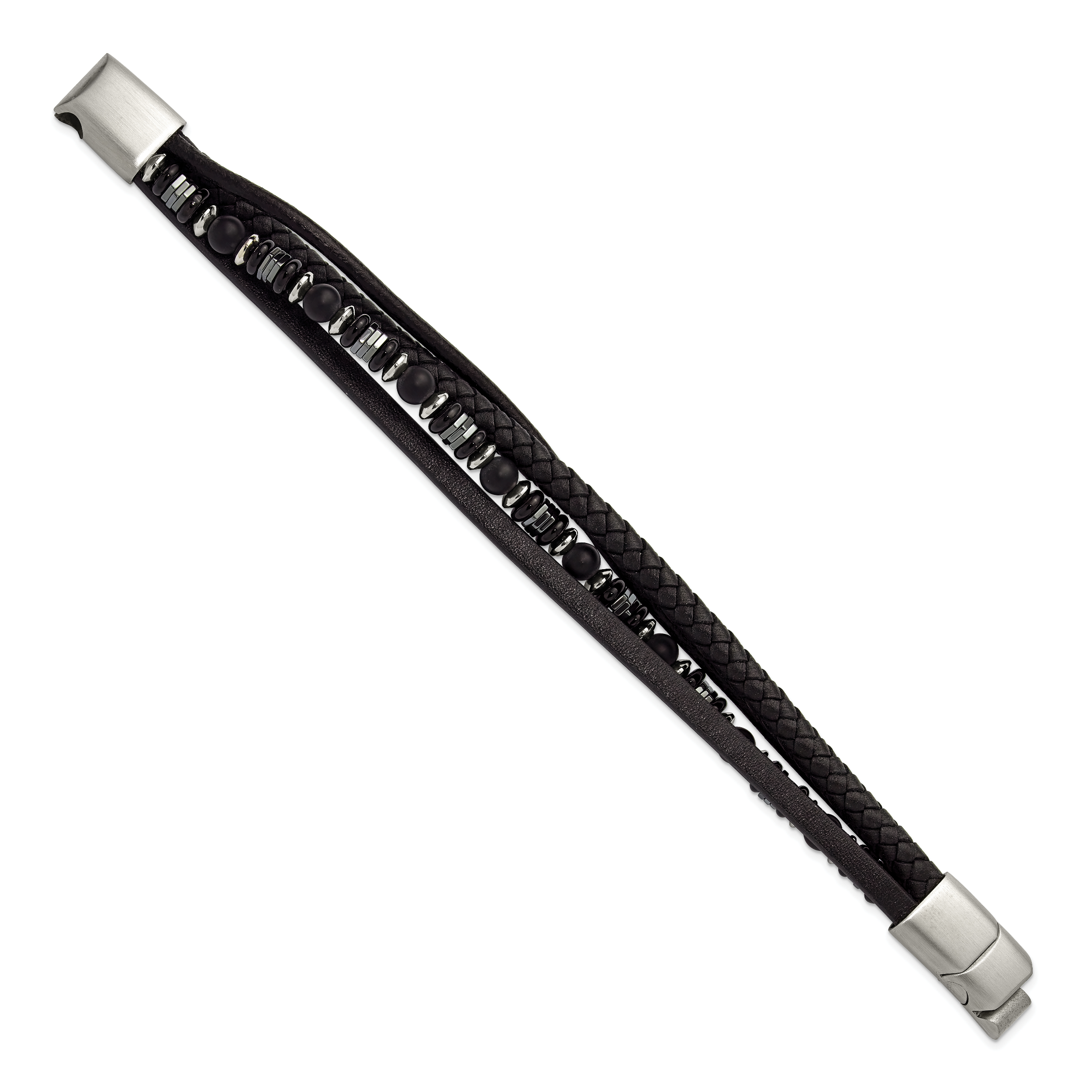 Men's Brushed and Polished Grey Hematite Leather Stainless Steel Bracelet 6mm Secondary image