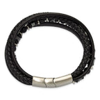 Men's Brushed and Polished Grey Hematite Leather Stainless Steel Bracelet 6mm