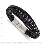 Men's Brushed and Polished Grey Hematite Leather Stainless Steel Bracelet 6mm