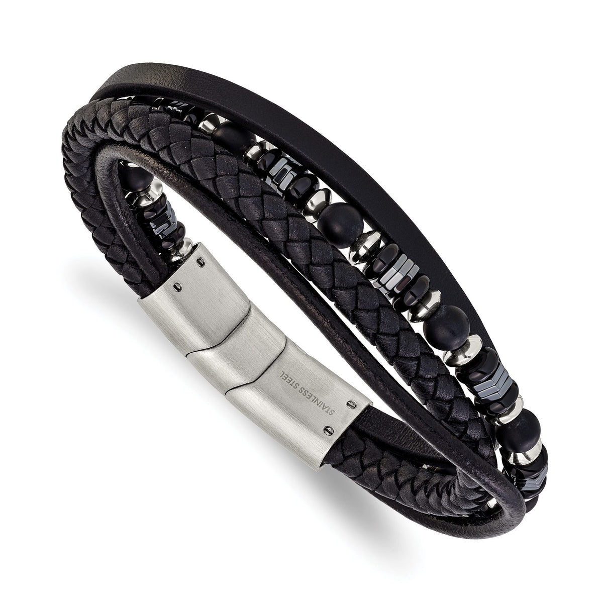 Men's Grey Onyx Leather Multi Strand Bracelet in Stainless Steel, 6mm - Sophia Jewelers Main image