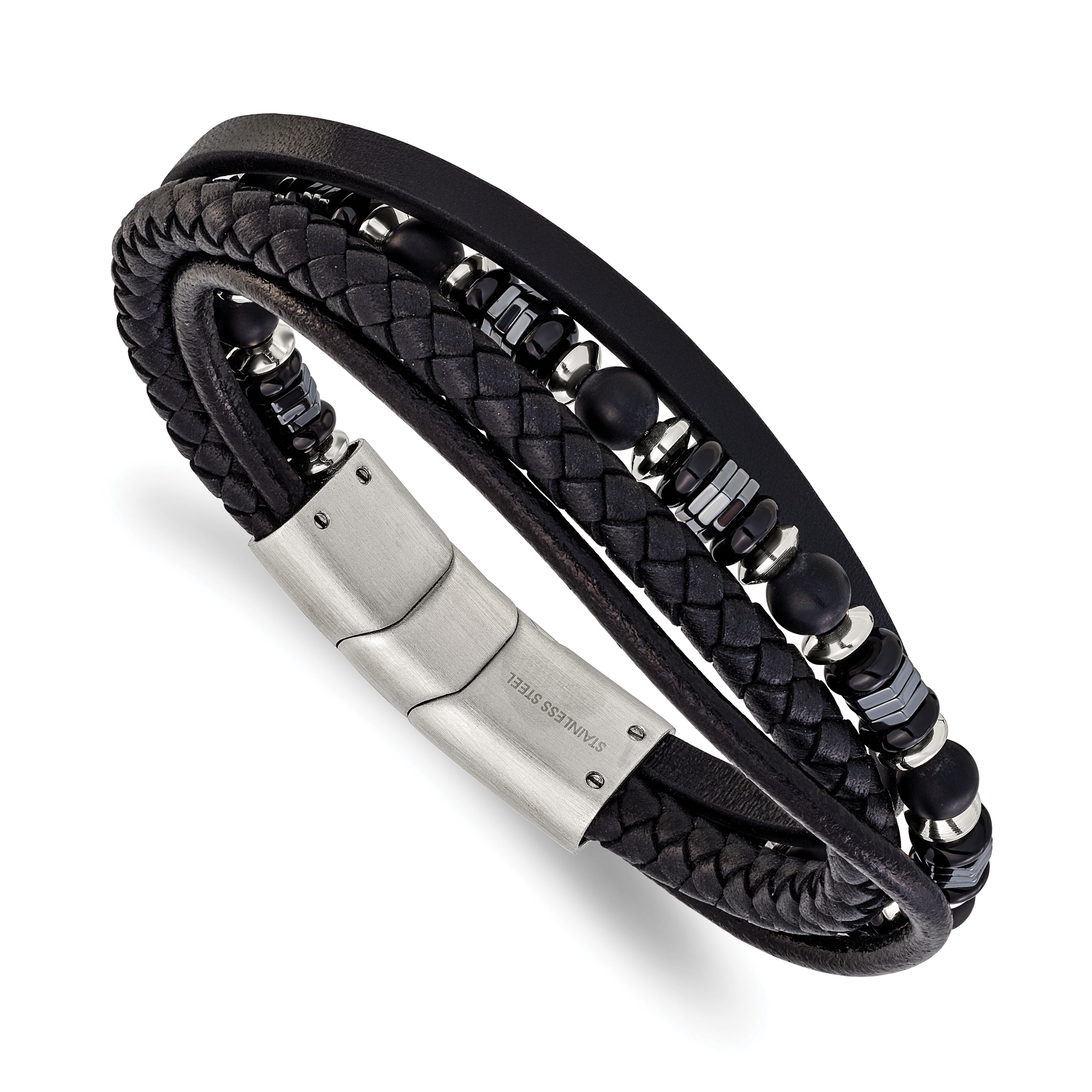 Men's Brushed and Polished Grey Hematite Leather Stainless Steel Bracelet 6mm Main image